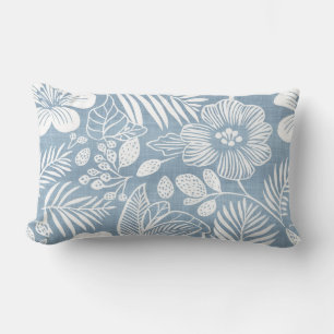Rectangle Bleu et blanc Coussin de Lumbar Floral Côtier