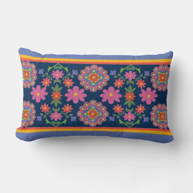 Rectangle Bordure Motif Floral Rangoli, Coussin Lumbar bleu (Recto)
