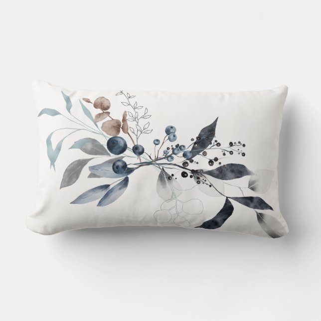 Rectangle Botanique d'hiver Bleu teintes Lumbar Coussin (Recto)