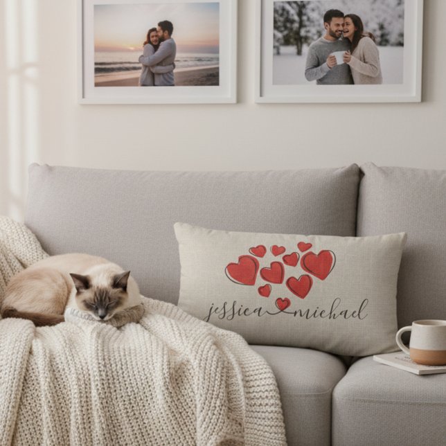 Rectangle Coeurs romantiques Noms personnalisés Coussin pour (Romantic personalized lumbar pillow for couples.)