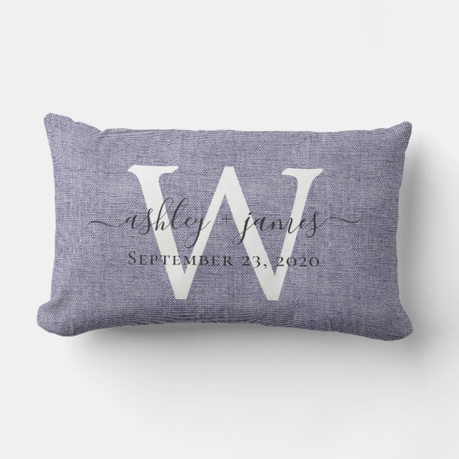 Rectangle Coussin de mariage en lin blanc avec monogramme bl (Recto)