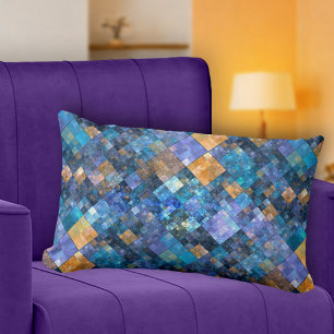 Rectangle Coussin de Motif de mosaïque Blue Gold À damiers