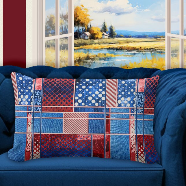 Rectangle Coussin de Motif Jeans bleu Patchwork (Pillow featuring a modern abstract quilt patchwork pattern design in red white and blue with jeans)