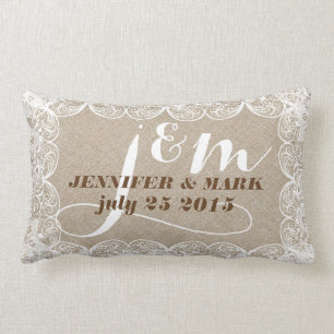 Rectangle Coussin en dentelle blanche et lin beige Faux Mari