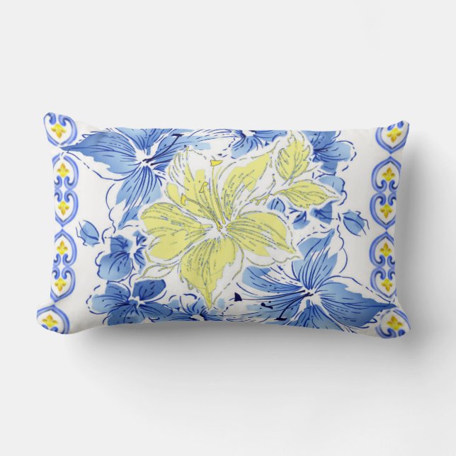 Rectangle Coussin encadré floral bleu et jaune (Recto)