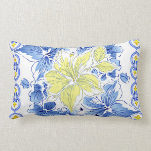 Rectangle Coussin encadré floral bleu et jaune