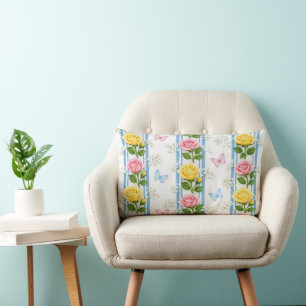 Rectangle Coussin Jeté Rayure Bleu Rose & Jaune RosesFloral