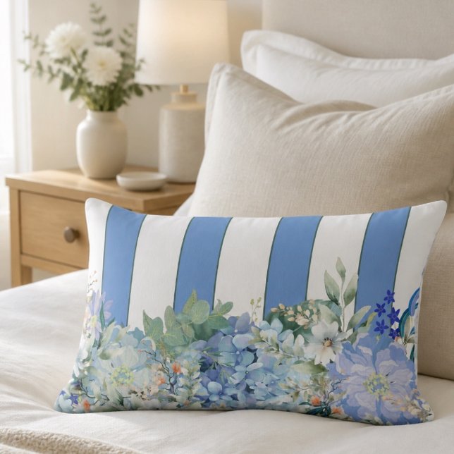 Rectangle Coussin Lombaire Fleur Hydrangea Bleue et Rayures  (Créateur téléchargé)