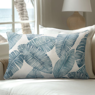 Rectangle Coussin Lumbar en feuille de palme bleu et blanc