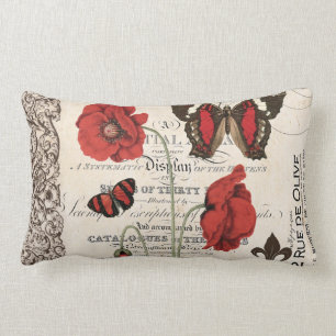 Rectangle Coussin rouge vintage de pavots et de papillon…