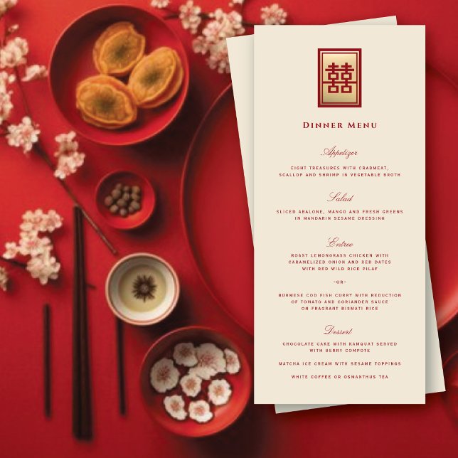 Rectangle Double Happiness Gold Chinese Wedding Menu (Gold/Red Classic Rectangle Double Happiness Modern Classy Chinese Wedding Menu @ fatfatin_red_knot)