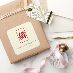 Rectangle Double Happiness Simple Chinese Wedding Square Sticker