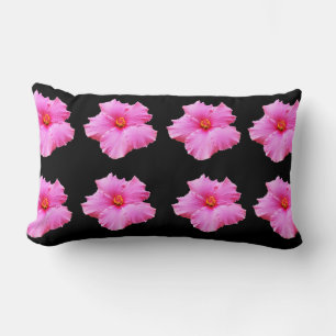 Rectangle Fleurs Hibiscus Roses Sur Noir, Coussin Lumbar.