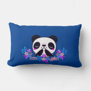 Rectangle Fuchsia & Blue Floral Panda Bear Lumbar Coussin