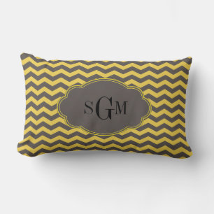Rectangle Jaune et gris Chevron Monogramme Initiales Coussin