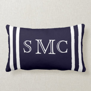 Rectangle MONOGRAM Solide marine bleu et blanc clair coussin