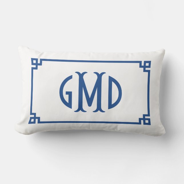 Rectangle Monogramme bleu Clé grecque Lumbar Coussin (Recto)