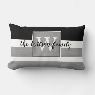 Rectangle monogramme personnalisé coussin rayures gris et bl