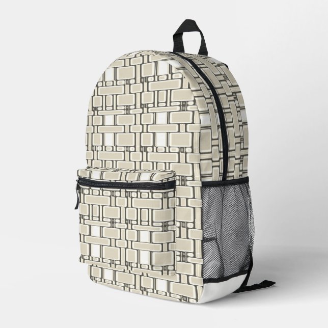 Rectangle Pattern Neutral Cream Printed Backpack (Back Corner Right)