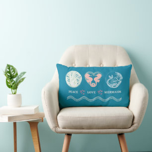 Rectangle Peace Love Mermaids Artsy Turquoise Lumbar Coussin