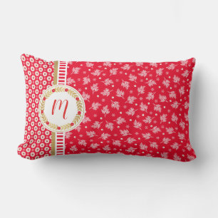 Rectangle Rouge Floral Noël Monogramme Lumbar Coussin