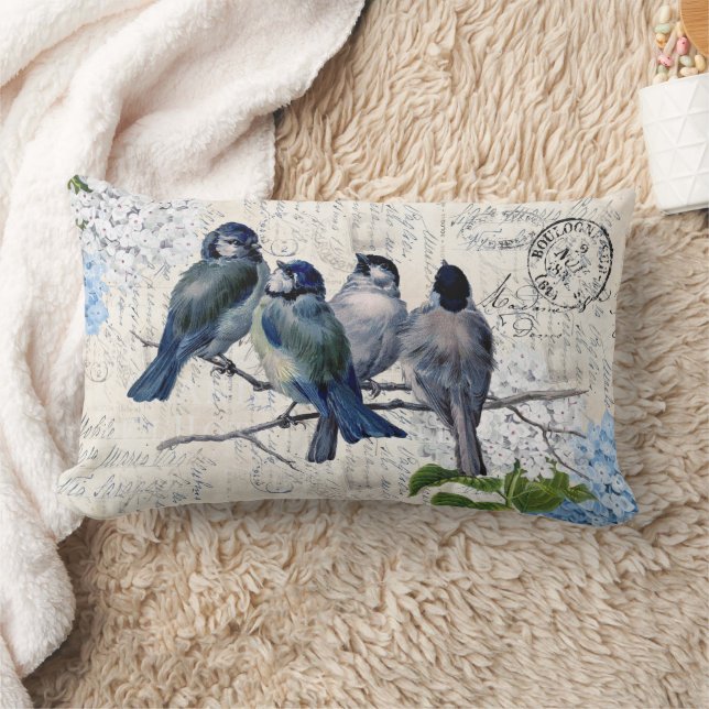 Rectangle Vintage Blue Birds Fleurs Lumbar italien Coussin (Couverture)