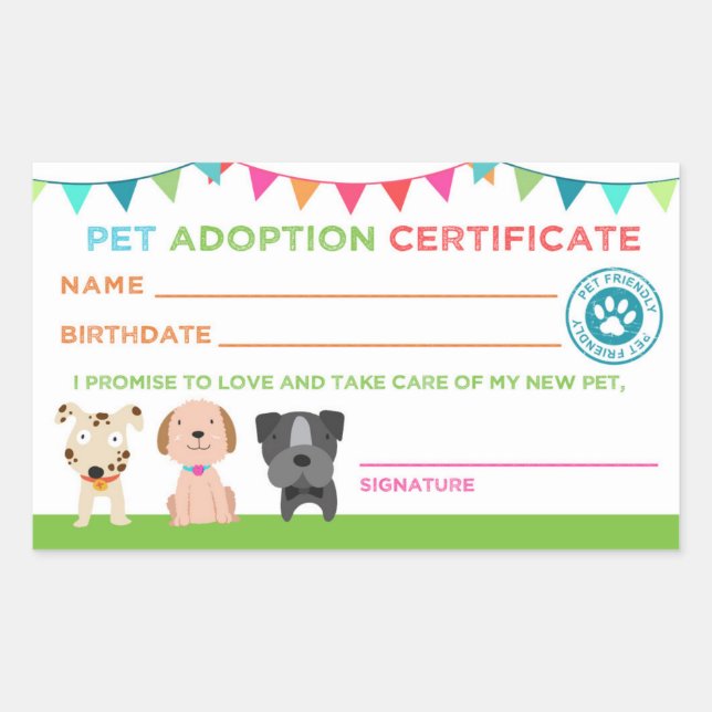 Rectangulaire Sticker du certificat d'adoption pour animaux de c (Devant)