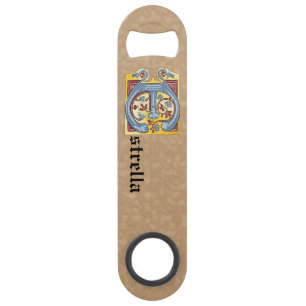 Rectangular Blue and Red Ivy Illuminated Letter E Bar Key