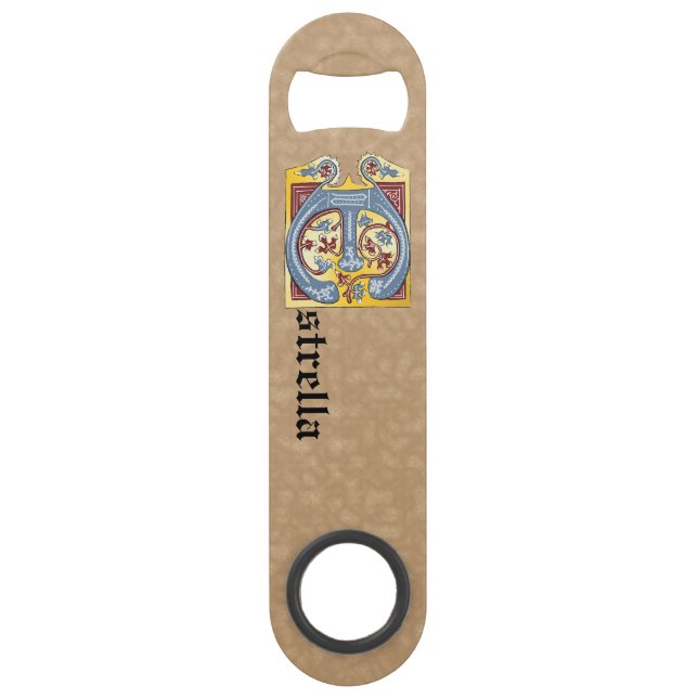 Rectangular Blue and Red Ivy Illuminated Letter E Bar Key (Front)