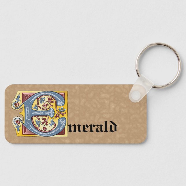 Rectangular Blue and Red Ivy Illuminated Letter E Keychain (Front)