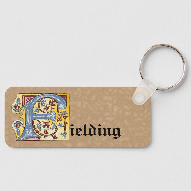 Rectangular Blue and Red Ivy Illuminated Letter F  Keychain (Front)