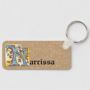 Rectangular Blue and Red Ivy Illuminated Letter N Keychain