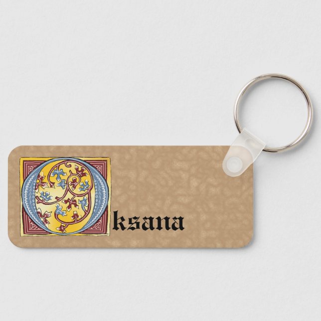 Rectangular Blue and Red Ivy Illuminated Letter O Keychain (Front)