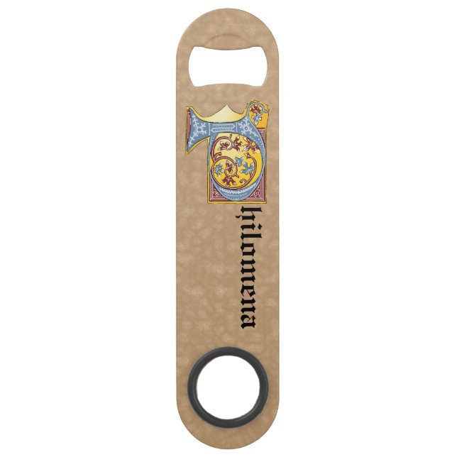 Rectangular Blue and Red Ivy Illuminated Letter P Bar Key (Front)