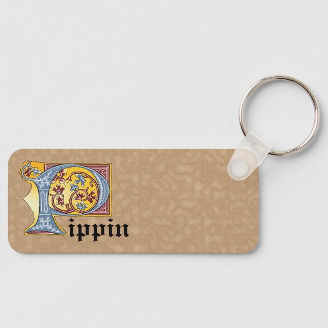 Rectangular Blue and Red Ivy Illuminated Letter P Keychain (Front)