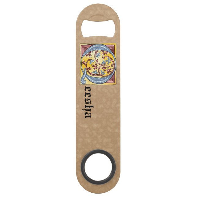 Rectangular Blue and Red Ivy Illuminated Letter Q Bar Key (Front)