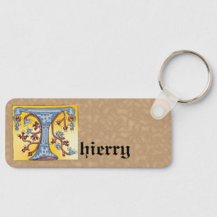 Rectangular Blue and Red Ivy Illuminated Letter T Keychain