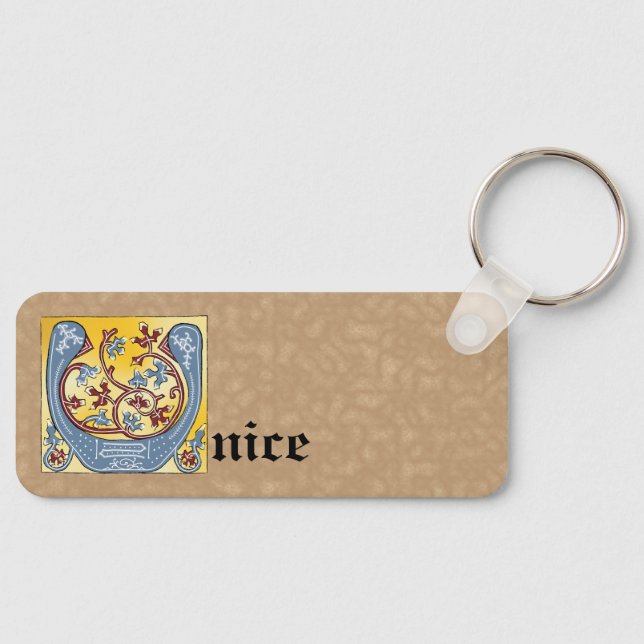 Rectangular Blue and Red Ivy Illuminated Letter U Keychain (Front)