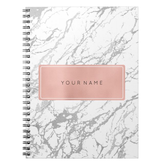Rectangular Pink Rose Gold Marble Silver Metallic Notebook (Front)