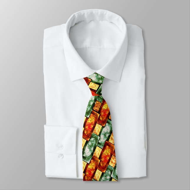 Rectangular plates carved and stained, green red tie (Tied)