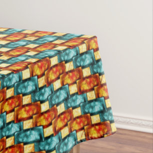 Rectangular plates carved and stained, orange cyan tablecloth