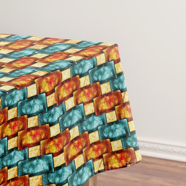 Rectangular plates carved and stained, orange cyan tablecloth (In Situ)