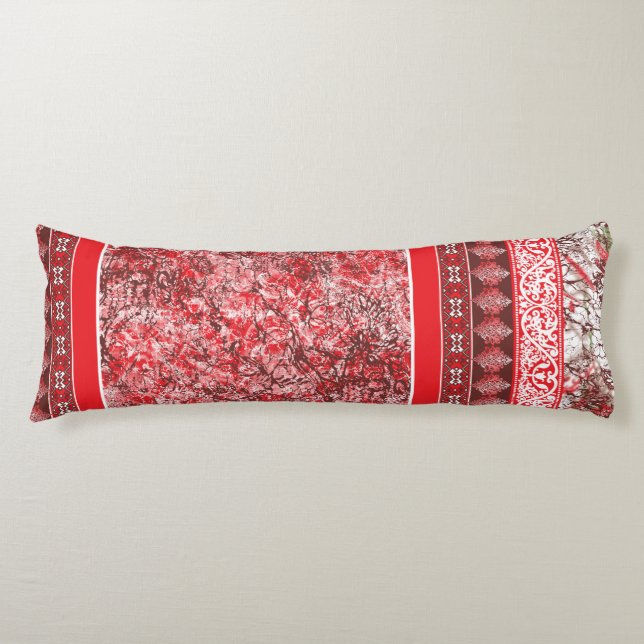 Rectangular textile design with ornate red, white, body pillow (Front)