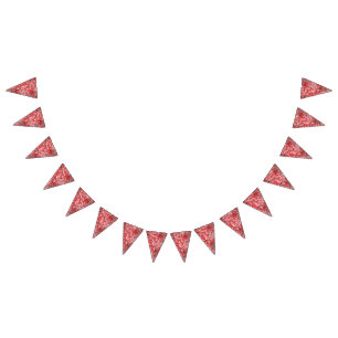 Rectangular textile design with ornate red, white, bunting flags