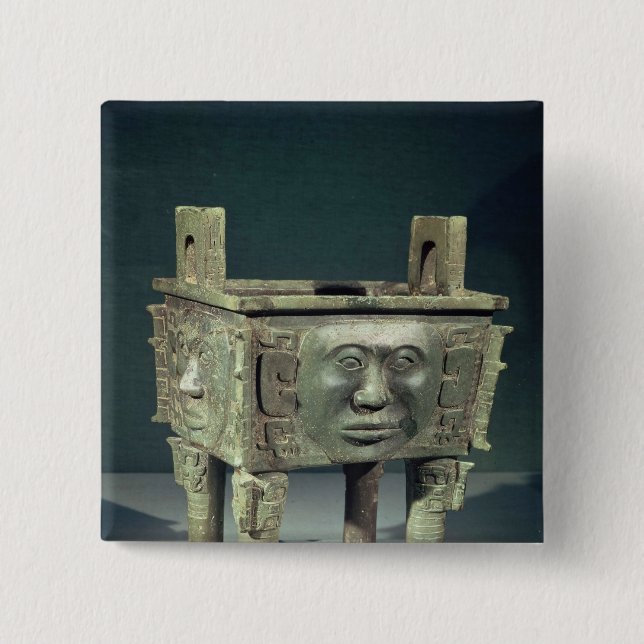 Rectangular 'ting' vessel with human faces 2 inch square button (Front)
