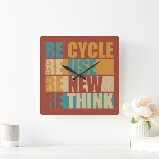 Recycle reduce reuse renew rethink square wall clock (Home)
