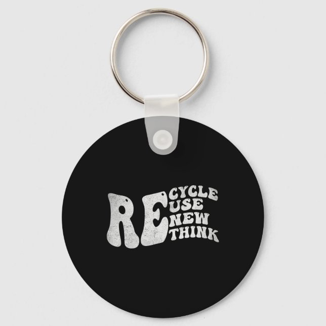 Recycle Reuse Renew Rethink Retro Groovy Earth Day Keychain (Front)