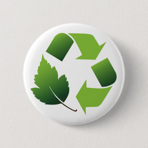 RECYCLE SYMBOL WITH LEAF 2 INCH ROUND BUTTON