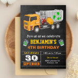 Recycling Garbage Truck Birthday Party Invitation<br><div class="desc">Amaze your guests with this unique trash bash birthday party invite featuring a cool trash truck with modern typography against a chalkboard background. Simply add your event details on this easy-to-use template to make it a one-of-a-kind invitation. Flip the card over to reveal a vibrant yellow and black stripes pattern...</div>