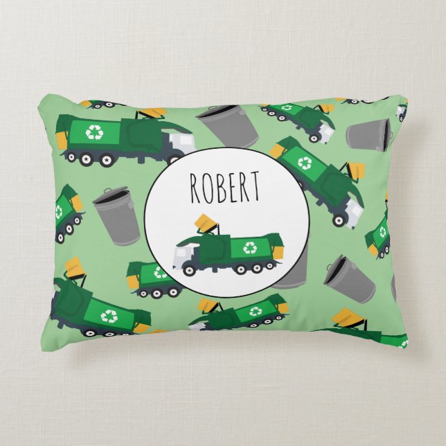 Recycling Garbage Truck Pattern Boys Name Accent Pillow (Front)